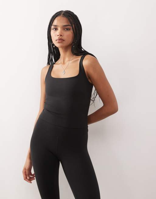 Weekday - Mix and Match - Top a doppio strato senza cuciture nero elasticizzato con scollo squadrato