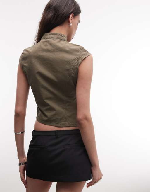 Weekday mock neck asymmetric top with seam detail and press studs in dark grey wash, 4 of 4