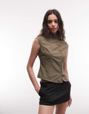 Weekday Mock Neck Asymmetric Top With Seam Detail And Snaps In Brown