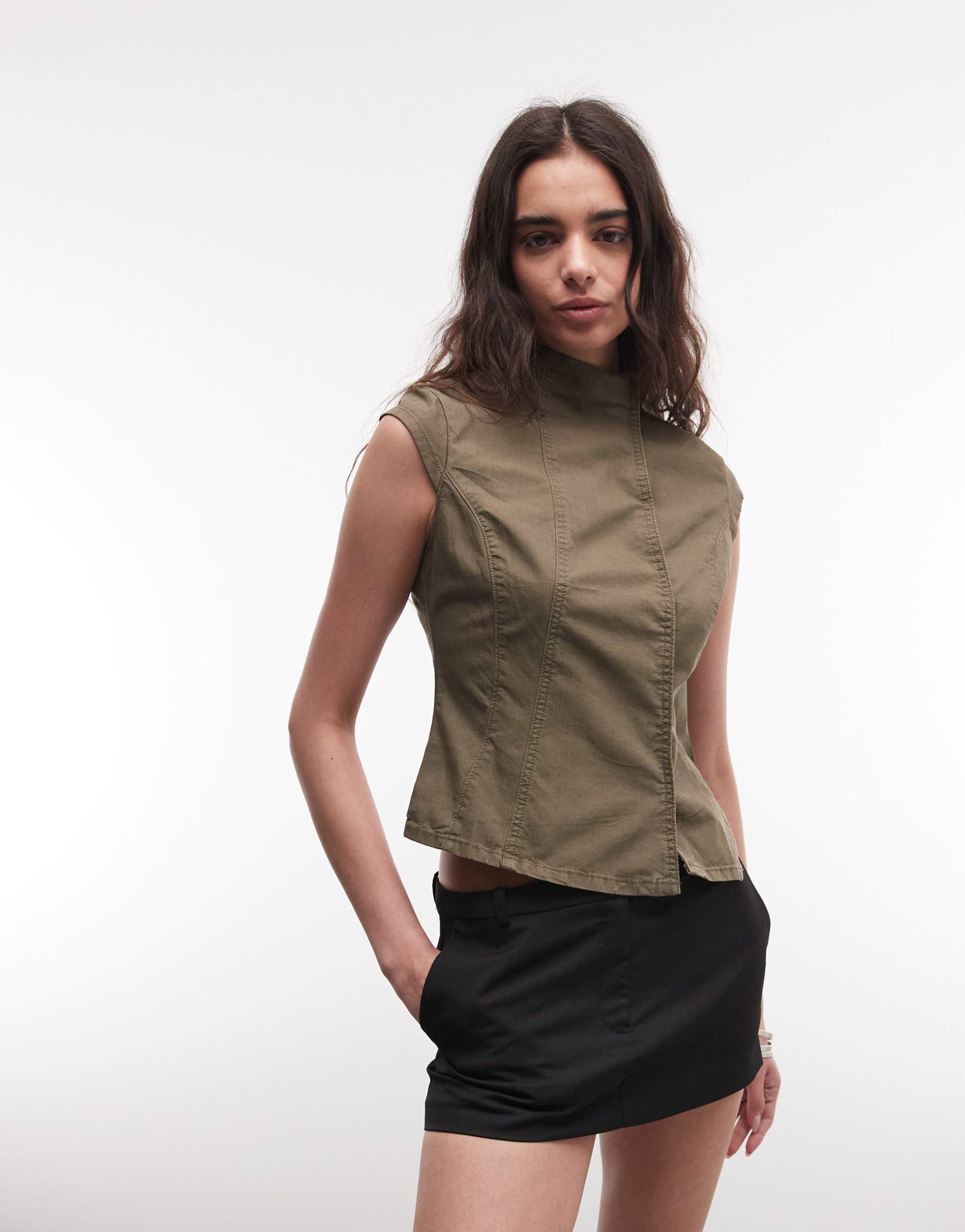 weekday mock neck asymmetric top with seam detail and snaps in dark gray wash