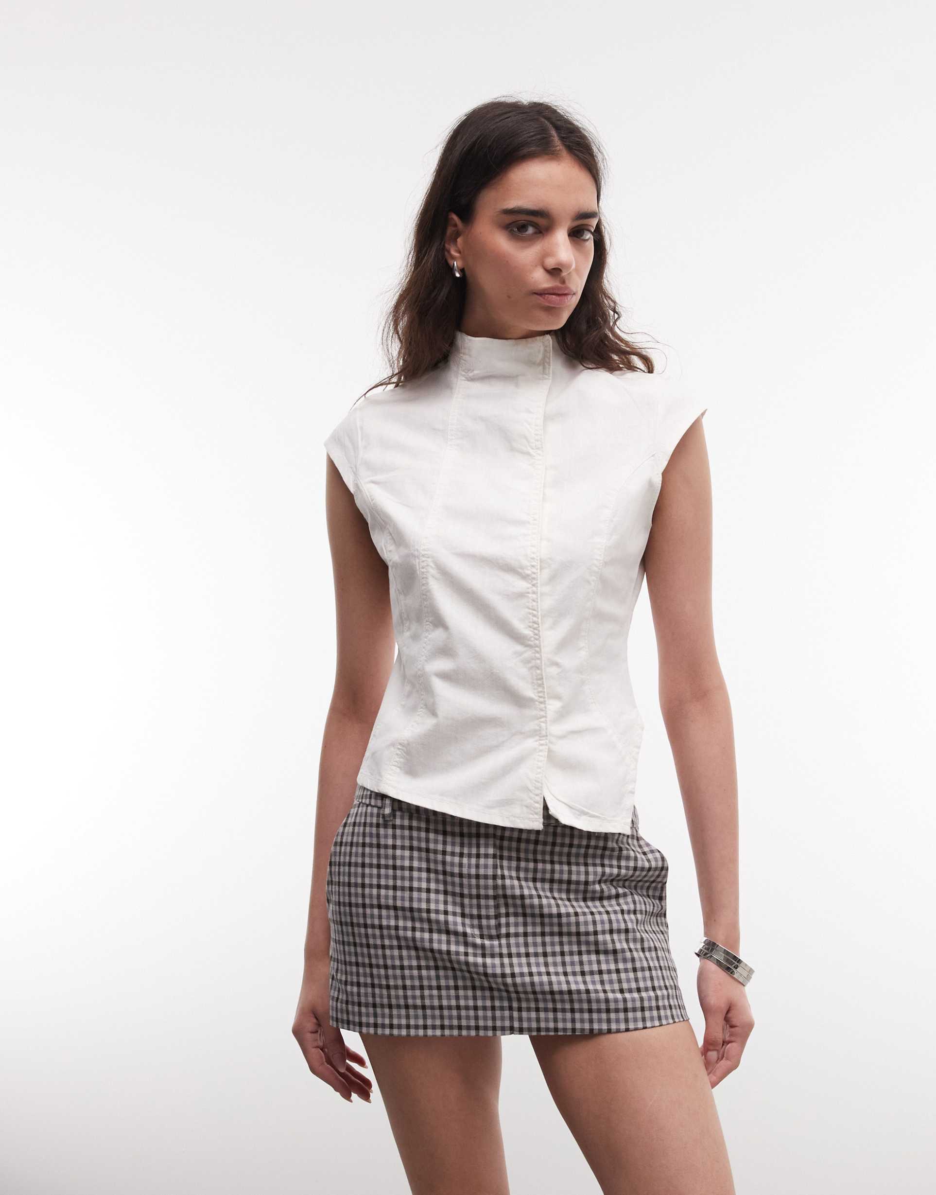 weekday mock neck asymmetric top with seam detail and snaps in off white