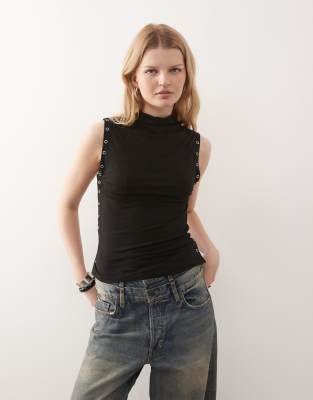 Weekday Mock Neck Sleeveless Top With Side Button Detail In Black