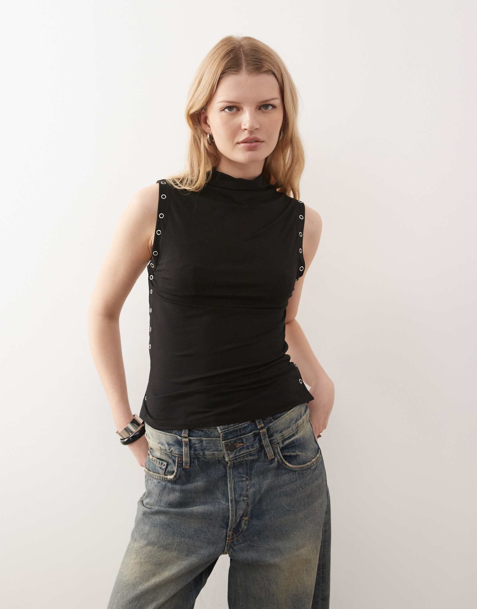 weekday mock neck sleeveless top with side button detail in black
