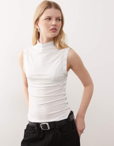 Weekday mock neck sleeveless top with side button detail in white - view 1