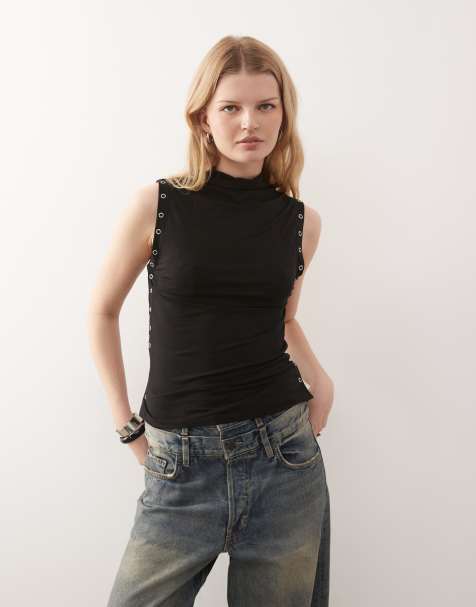 Weekday mock neck sleeveless top with side button detailing in black - view 1