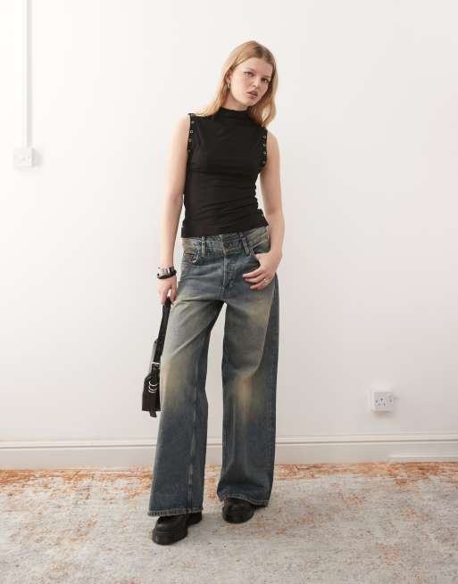 Weekday mock neck sleeveless top with side button detailing in black, 2 of 4