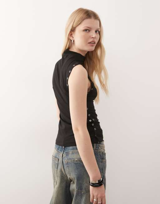 Weekday mock neck sleeveless top with side button detailing in black, 3 of 4