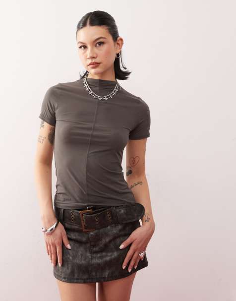 Weekday mock neck top with front seam detail in dark grey - view 1
