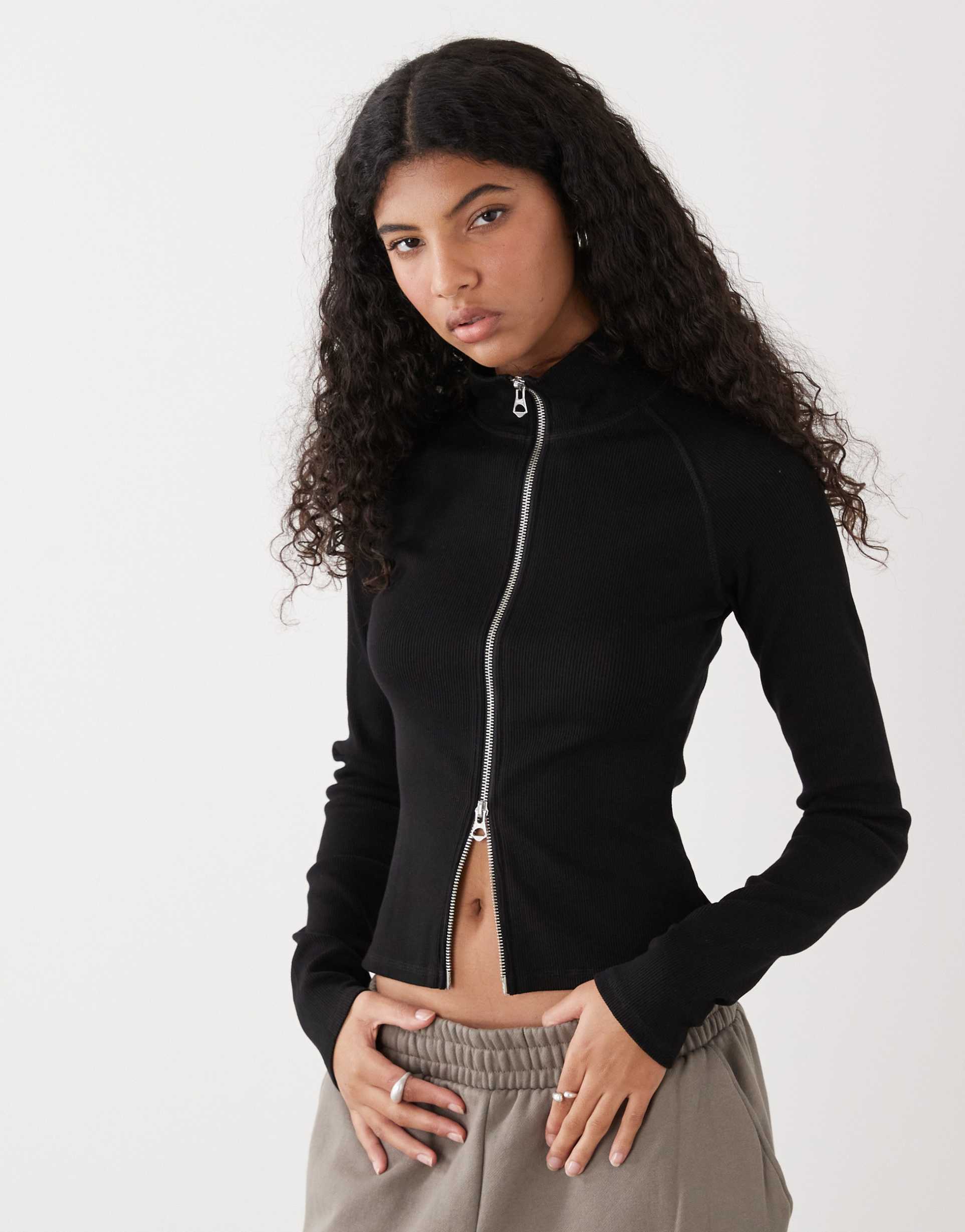 weekday mock neck zip through long sleeve top in black