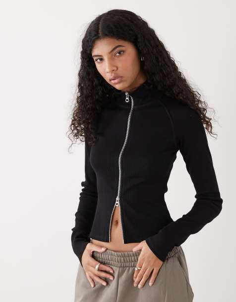 Weekday mock neck zip through long sleeve top in black