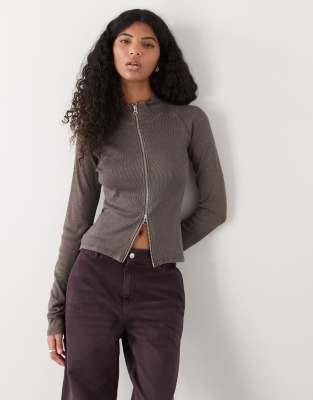Weekday Mock Neck Zip Through Long Sleeve Top In Gray