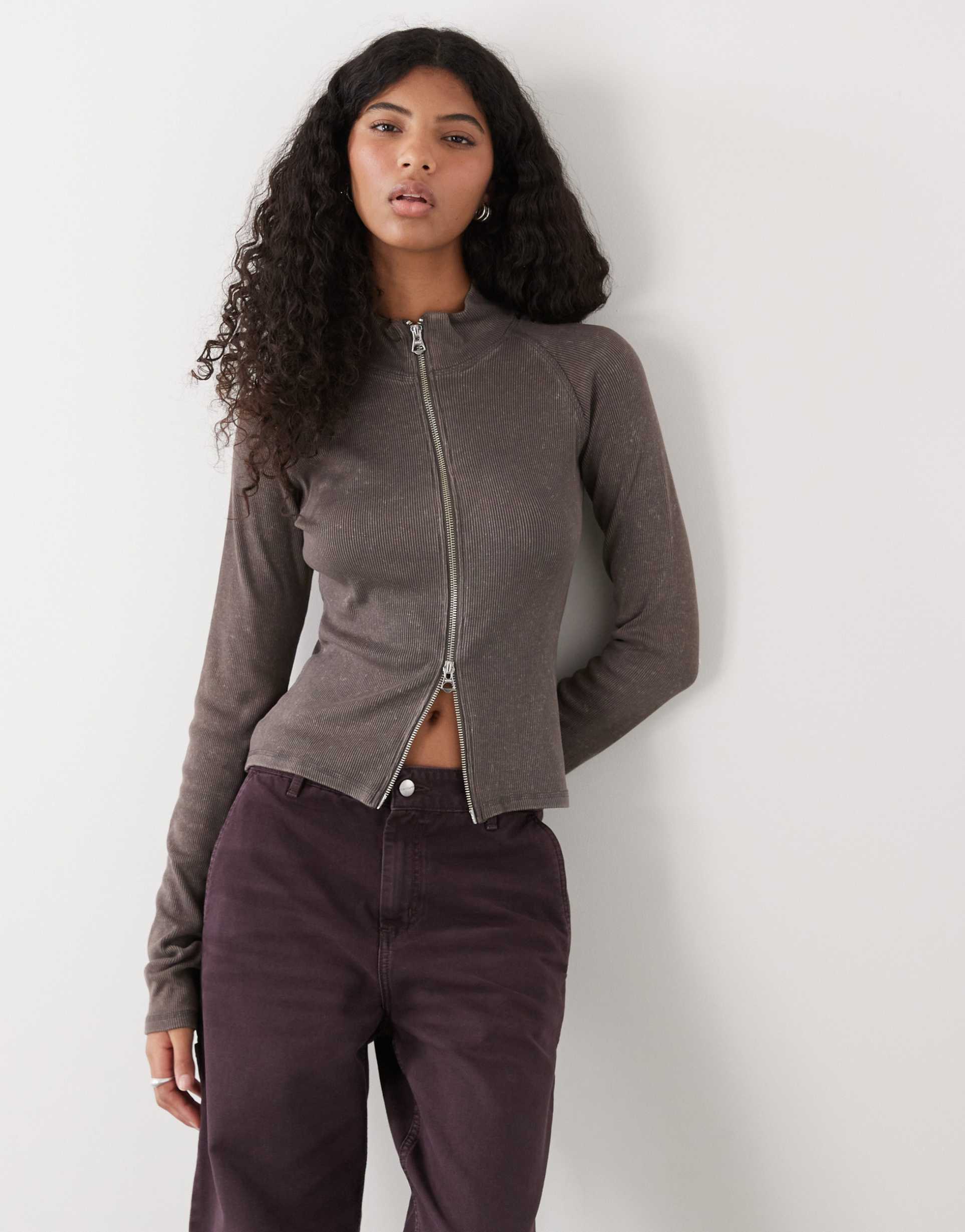 weekday mock neck zip through long sleeve top in washed gray