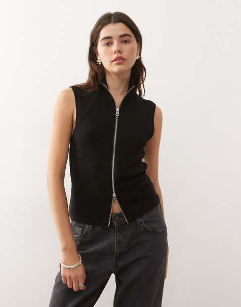 Weekday mock neck zip through sleeveless top in black
