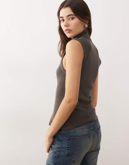 Weekday mock neck zip through sleeveless top in dark grey wash, 4 of 4