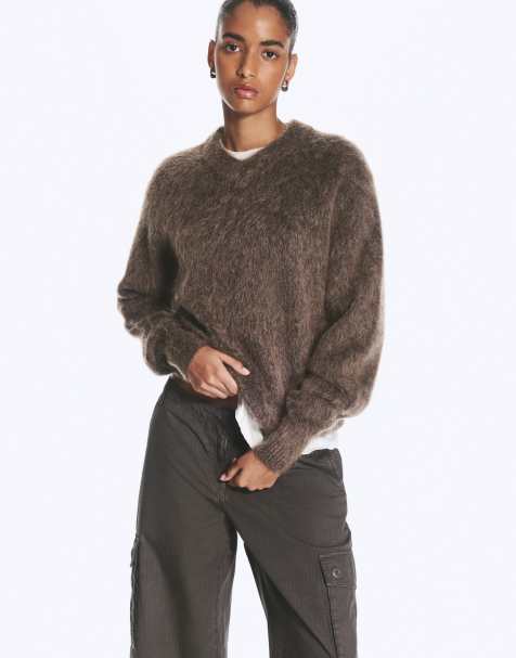 Weekday mohair blend v neck jumper in dark brown melange - view 1