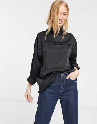 Weekday Moira satin high neck blouse in black