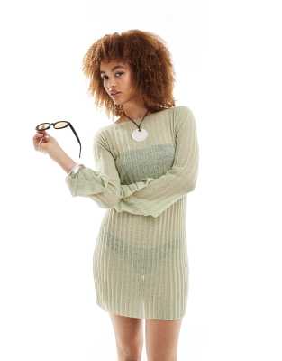 Weekday Molly Sheer Knit Mini Dress In Sage Green