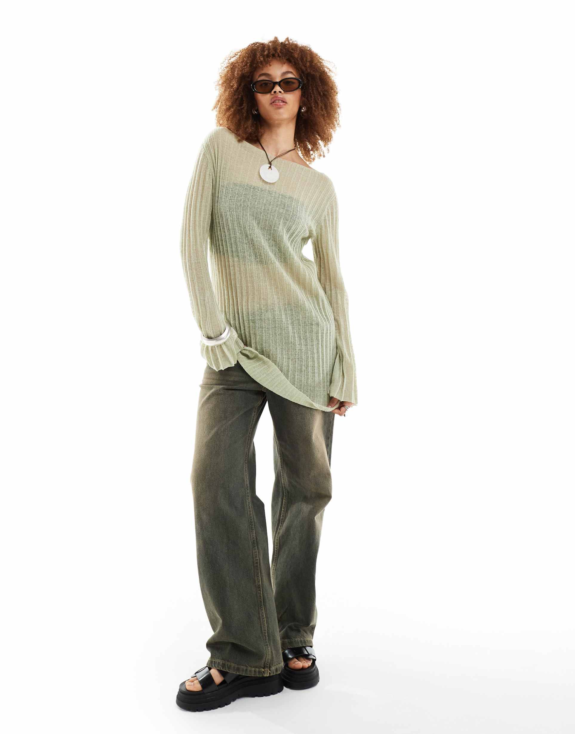 weekday molly sheer knit mini dress in sage green
