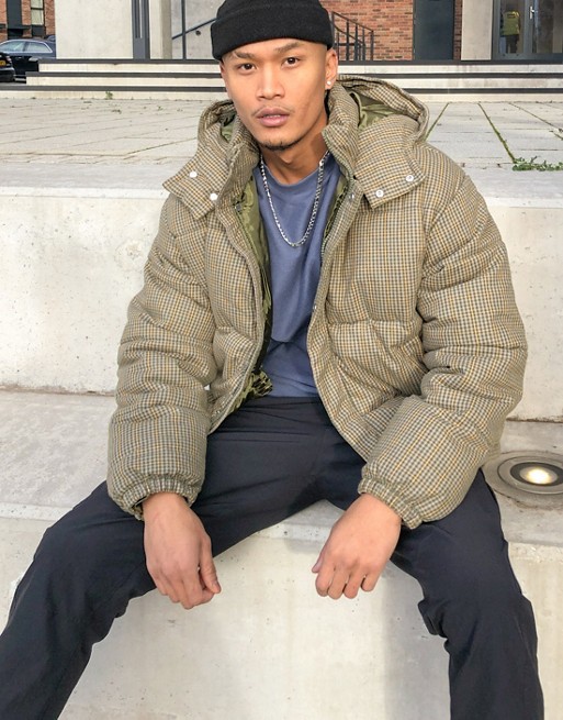Weekday Monroe checked puffer Jacket in green