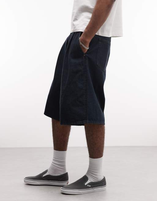 Weekday – Mörkblå, tvättade, baggy jeansshorts med veck, 3 av 5