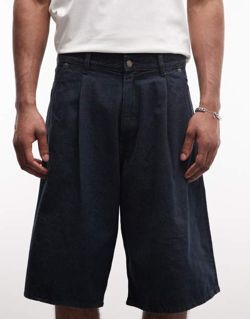 Weekday – Mörkblå, tvättade, baggy jeansshorts med veck, 5 av 5