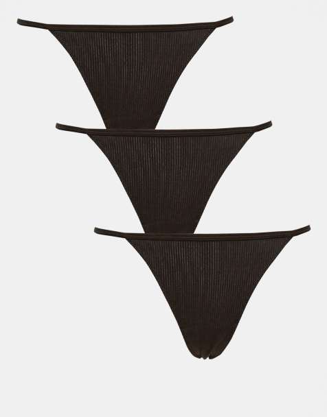 Weekday – Mörkbruna, ribbade stringtrosor, 3-pack - view 1