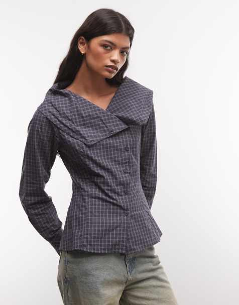 Weekday multi style funnel neck shirt in black and blue check - view 1
