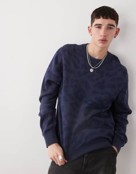 Weekday Murray jumper with tonal leopard jacquard design in dark blue - view 1