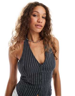 Weekday Nadja Linen Blend Halterneck Vest In Gray Pinstripe