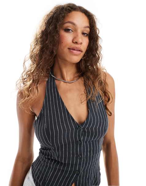 Weekday Nadja linen blend halterneck waistcoat in grey pinstripe - view 1
