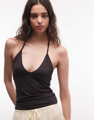 Weekday - Neckholder-Oberteil in Schwarz und Dunkelbraun mit schmalen Trägern und V-Ausschnitt, exklusiv bei ASOS-Brown