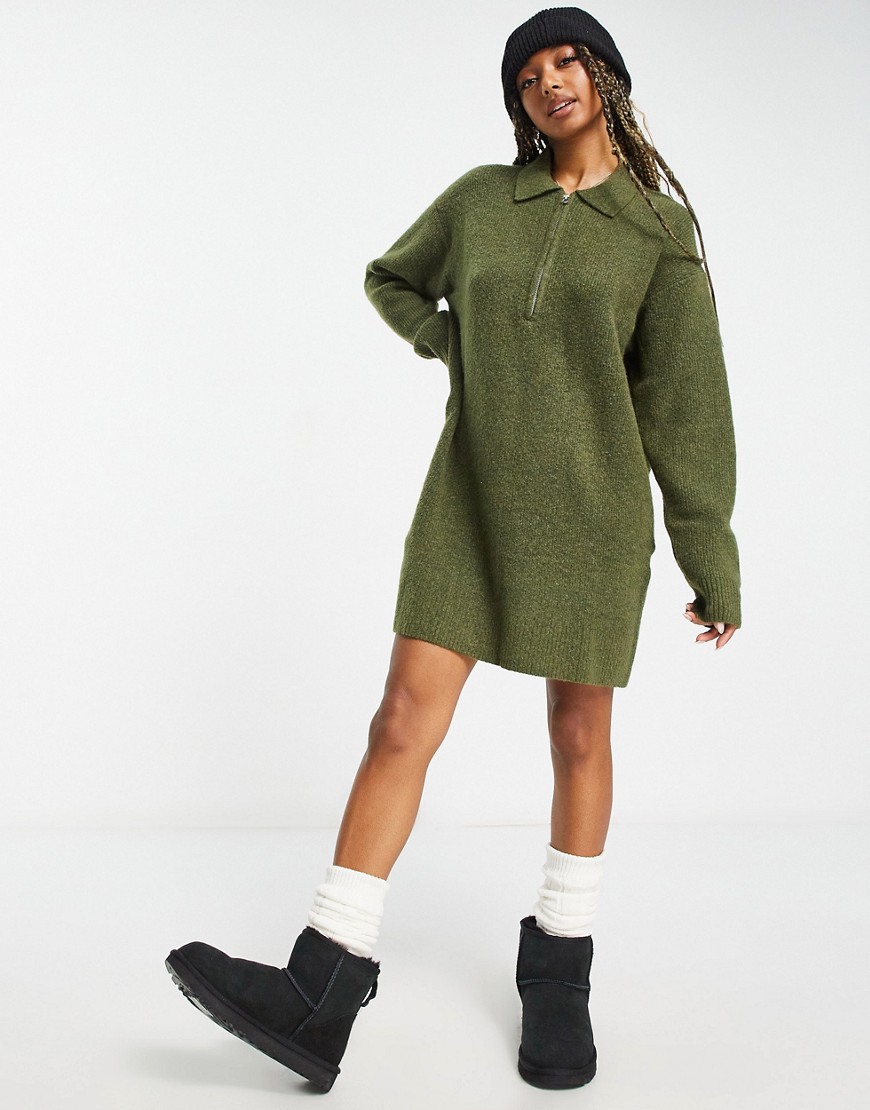 Weekday Nicki Pike Knit Midi Sweater Dress In Khaki-green