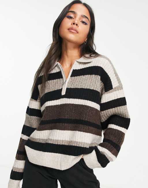Weekday - Nicki Pike - Maglione a righe multicolore con zip corta e colletto