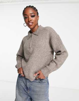 Weekday Nicki pike sweater with zip collar detail in dusty brown