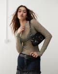 [Weekday] Weekday Nico long sleeve mesh top in beige check print-Neutral XS Beige check