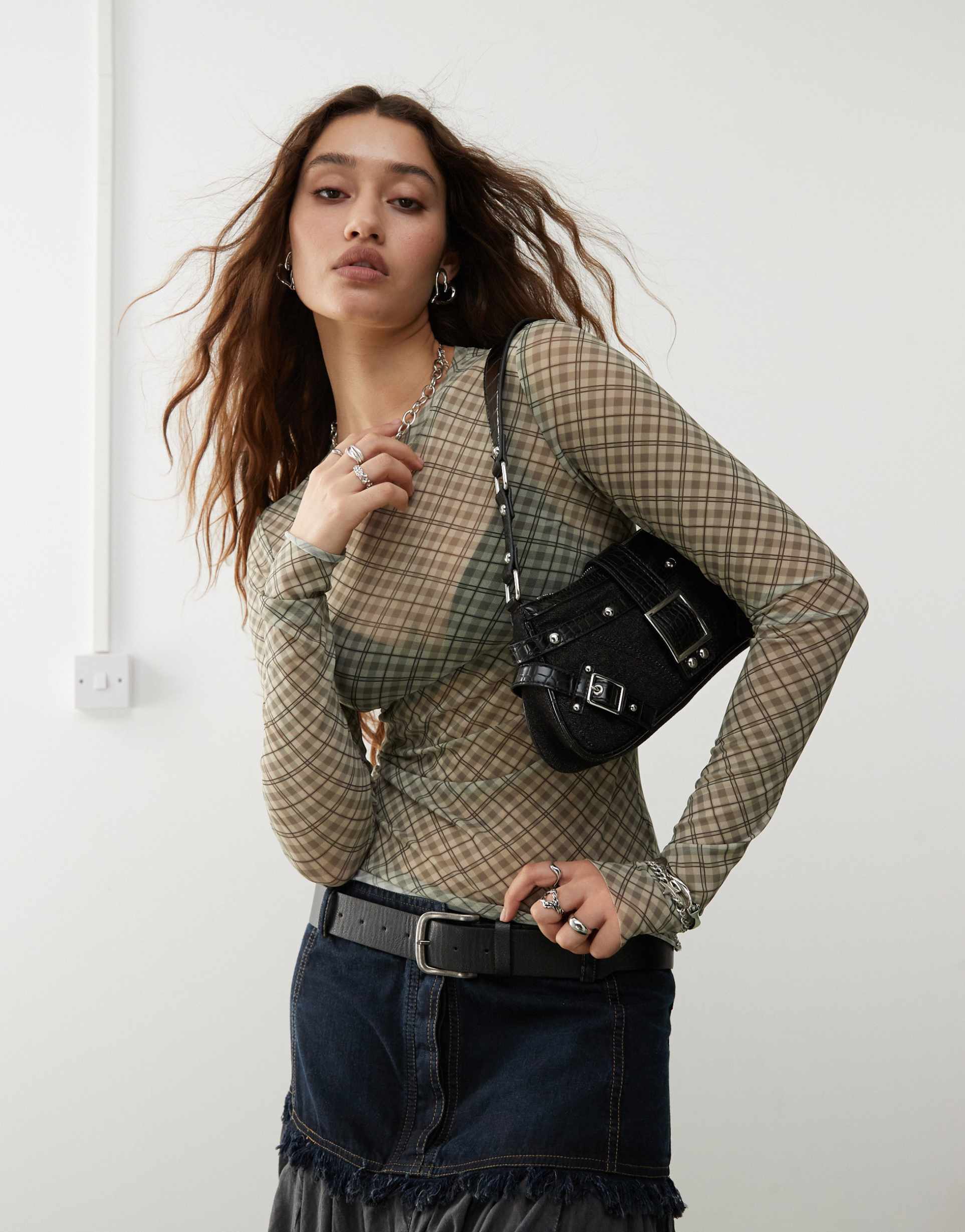 weekday nico long sleeve mesh top in beige plaid print