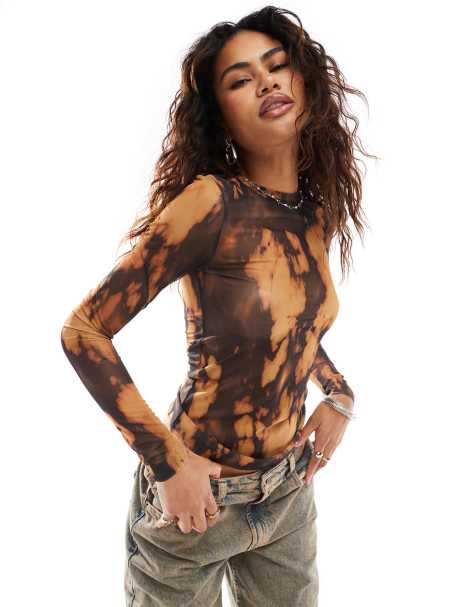 Weekday Nico long sleeve mesh top in burnout print - view 1