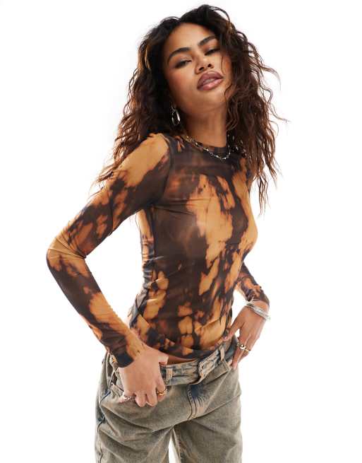Weekday Nico long sleeve mesh top in burnout print