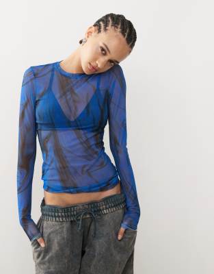 Nico mesh long sleeve top with swirl print in blue