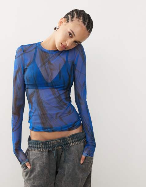 Weekday Nico mesh long sleeve top with swirl print in blue - view 1