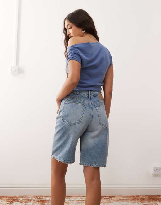 Weekday – Niebieskie szorty z denimu do kolan z niskim stanem, 4 z 5