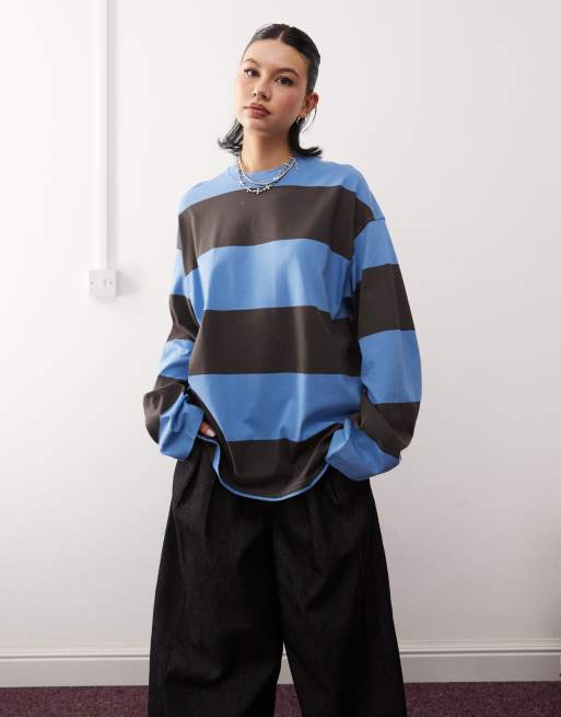 Weekday – Niebiesko-szary T-shirt oversize z długimi rękawami w paski