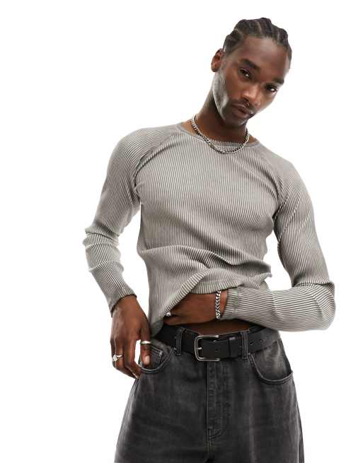 Weekday - Nigel - T-shirt slim fit grigia a coste con maniche lunghe raglan