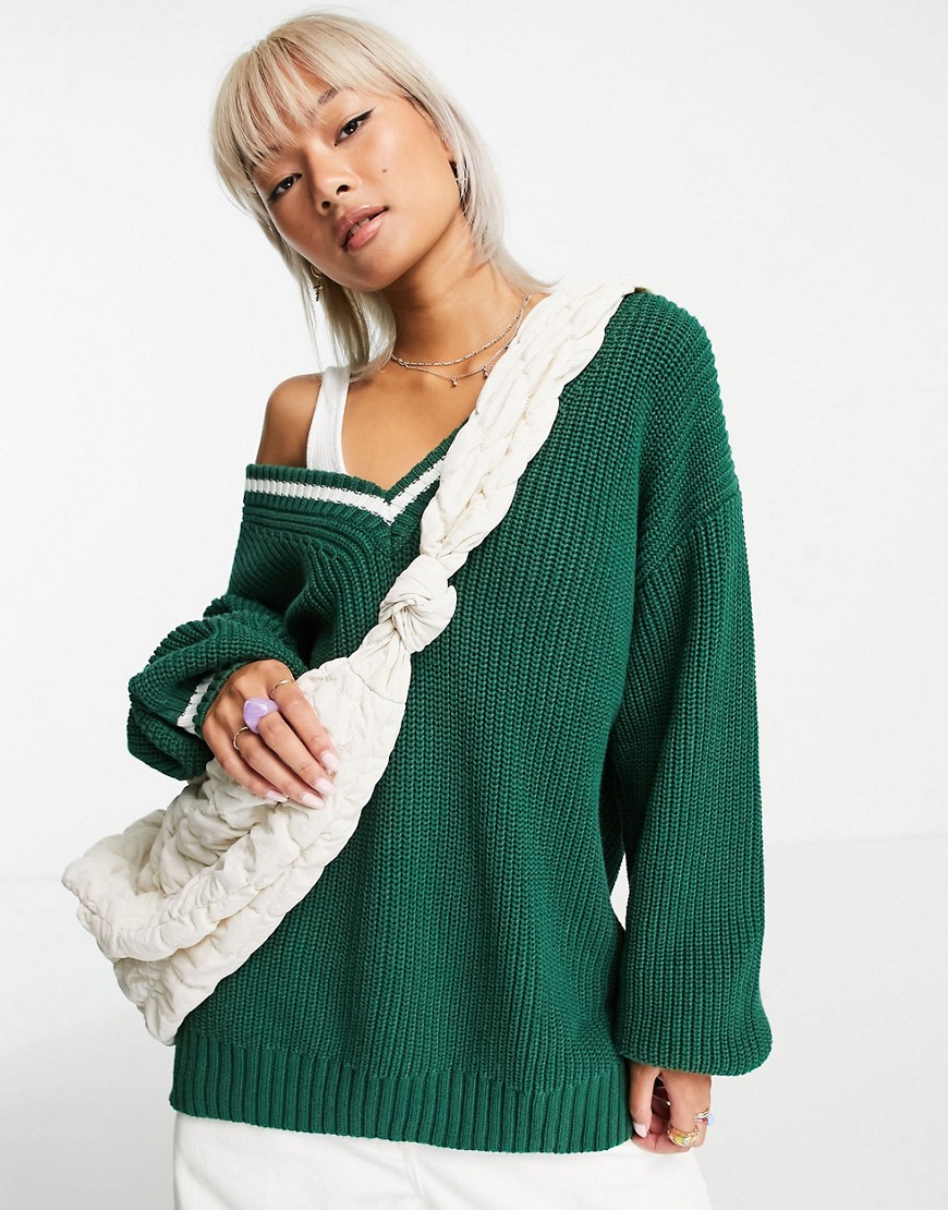 Weekday North recycled v-neck sweater with tipping detail in dark green