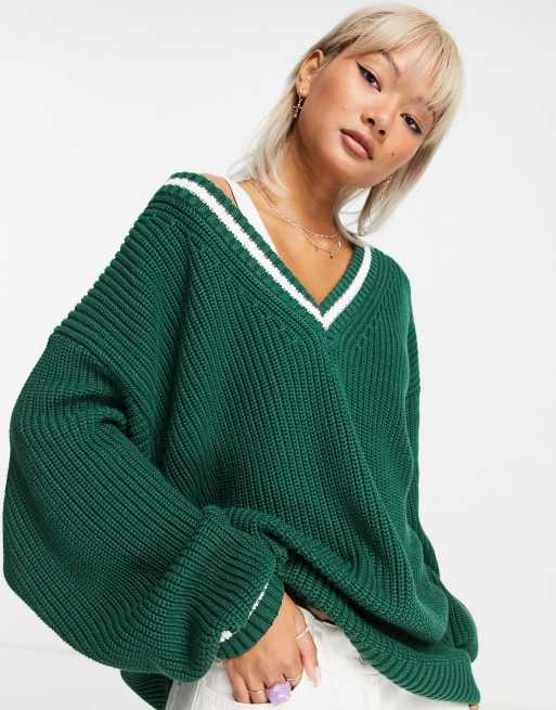 Green v shop neck jumper womens