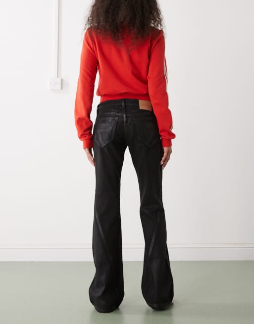 Weekday Nova low waist slim bootcut flare jeans with twisted side seams detail in coated black , 2 of 5