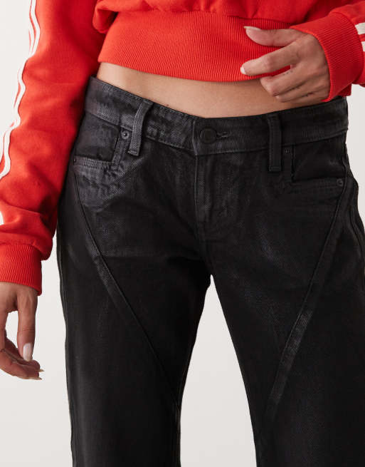 Weekday Nova low waist slim bootcut flare jeans with twisted side seams detail in coated black , 5 of 5