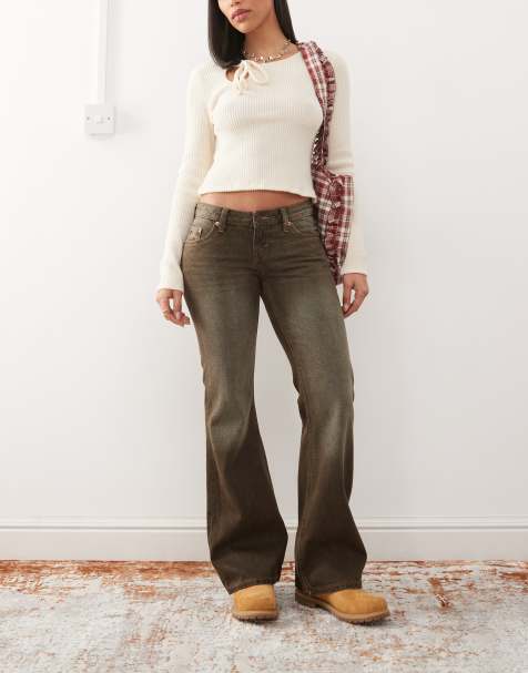 Weekday - Nova - Mørkebrune forvaskede bootcut-jeans med lav talje - view 1