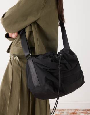 Weekday Nylon Cross Body Drawstring Bag In Black