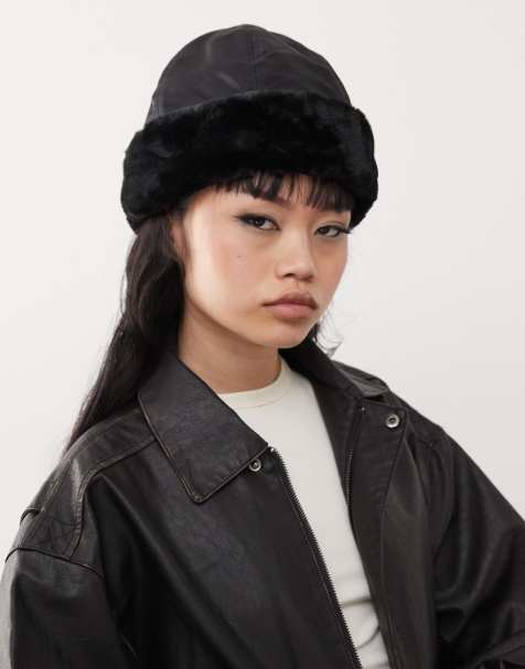 Weekday nylon hat with faux fur trim in black - view 1